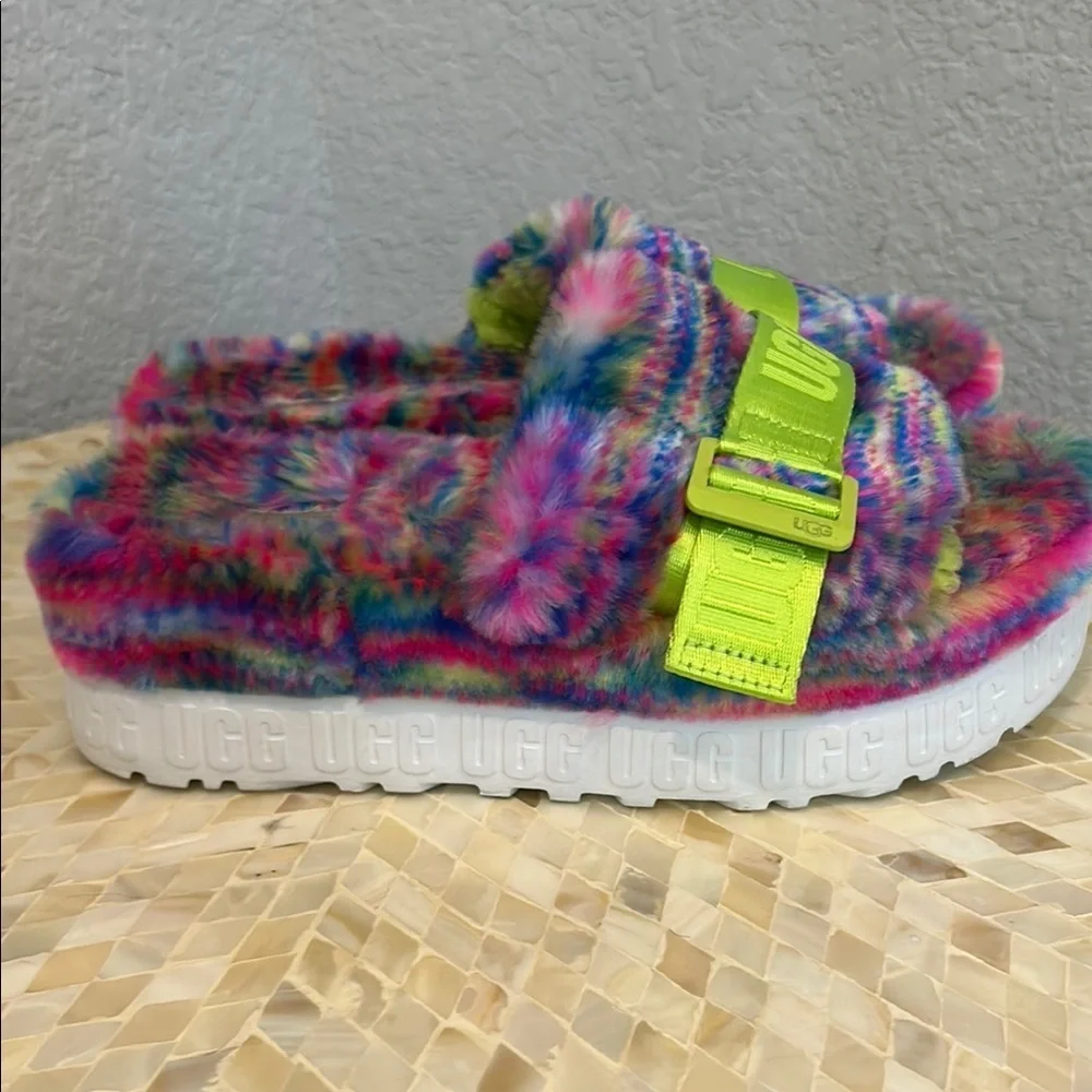 UGG Pink and Green Fuzzy Slippers